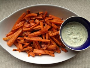 Baked Parmesan Carrot Fries w/ Chilled Cilantro Dipping Sauce