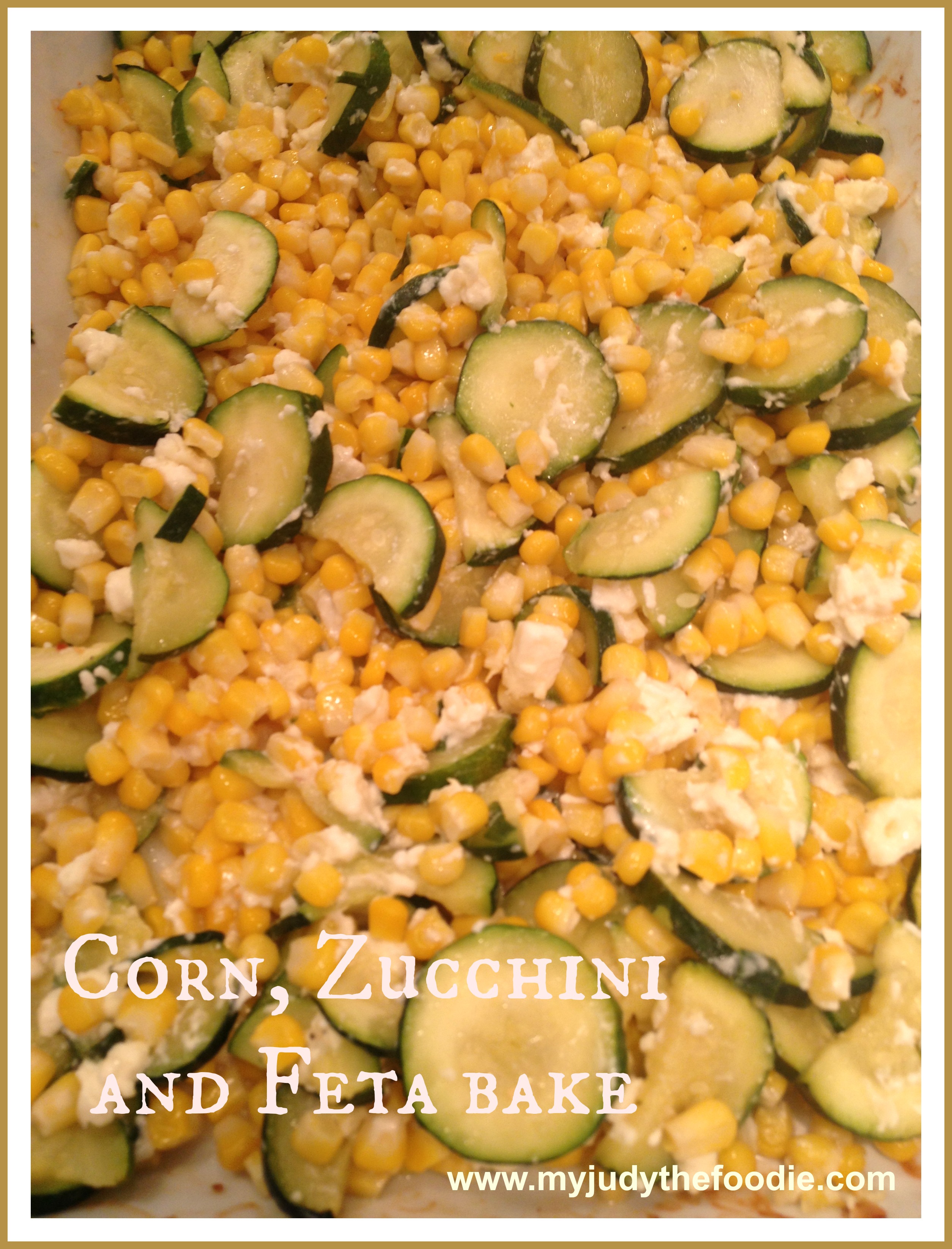 corn, zucchini, feta bake